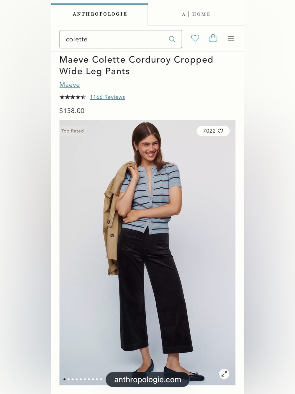 Anthropology Maeve Black Cropped Corduroy Wide Leg Pant